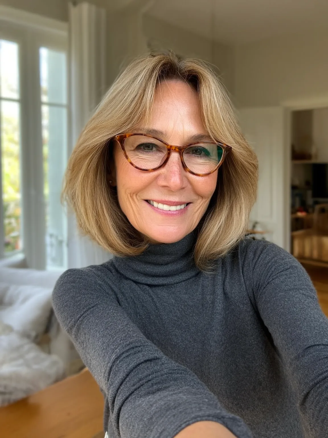 Chin-Length Layered Bob with Honey Blonde Curtain Bangs
